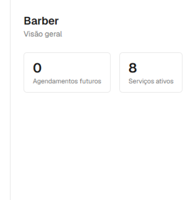 Dashboard do painel administrativo com menu lateral completo, agendamentos e serviços ativos