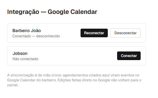 Painel de integração com Google Calendar mostrando um barbeiro conectado e outro não