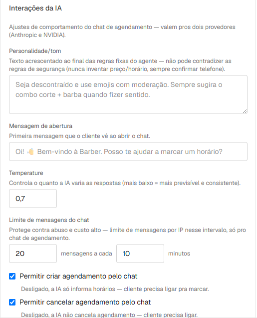 Tela de Interações da IA no painel administrativo, com personalidade, mensagem de abertura e toggles