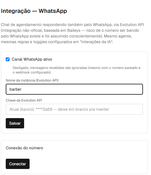 Painel de integração do WhatsApp no admin, canal ativo, pronto pra conectar