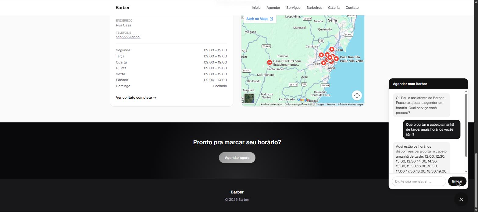 Conversa real no widget de chat, IA respondendo com horários disponíveis de verdade