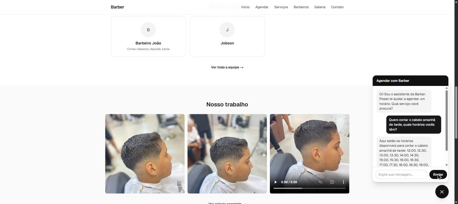 Home do site com equipe, galeria de trabalhos e o widget de chat aberto